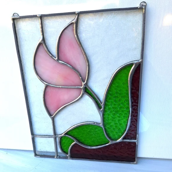 Vintage Stained Glass Window SunCatcher Flower Leaf Colorful Art Deco Abstract